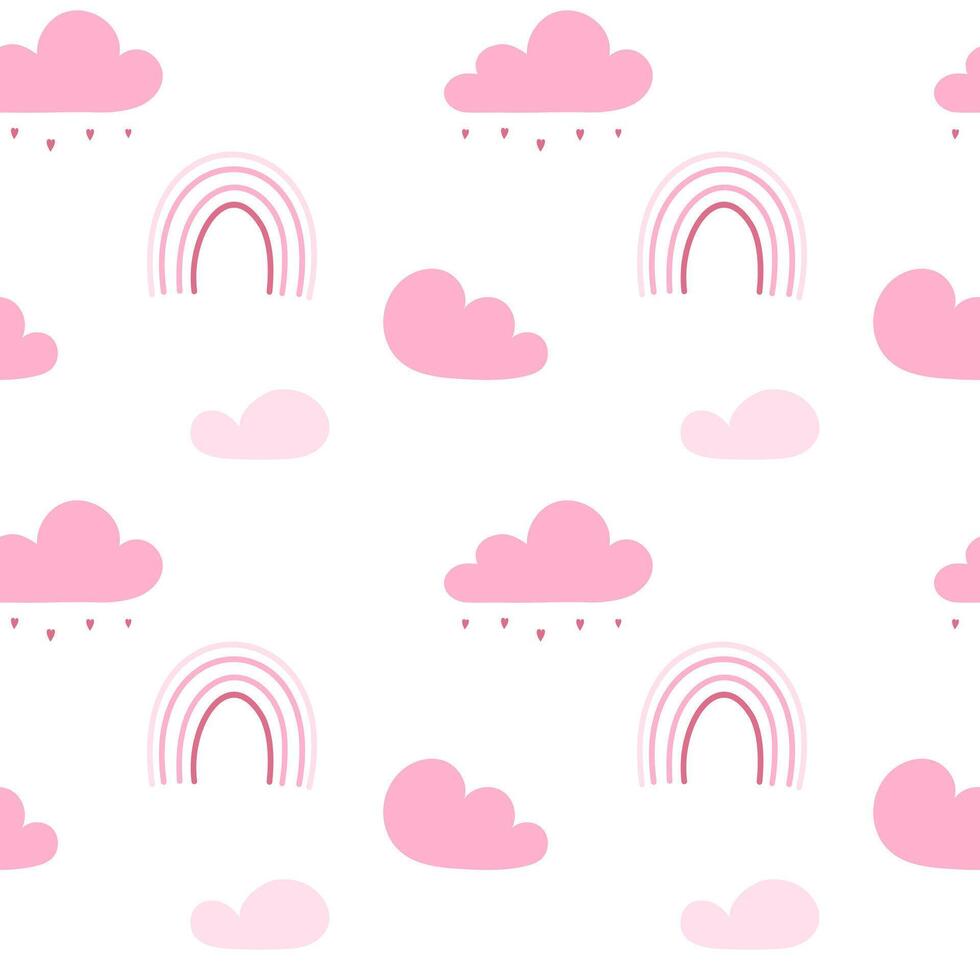 Sweet dreams and daydreams. Romantic pink rainbow and clouds with raindrops and hearts, simple place romantic pattern with clouds and rainbow. Cute cozy background in warm pink tones vector