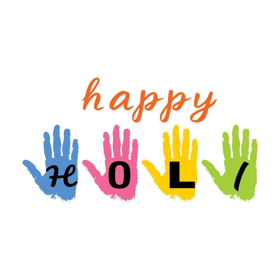 Creative Holi banner featuring vibrant handprints spelling Holi and Happy above, perfect for festive designs vector