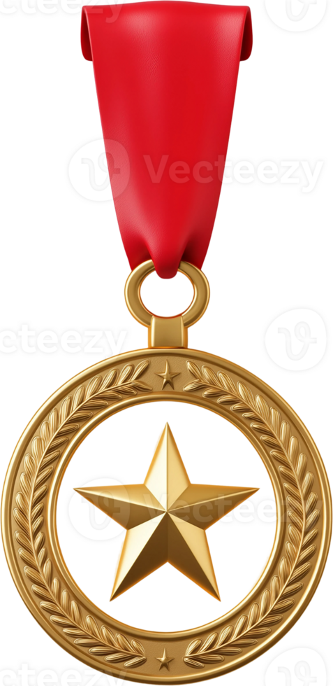gold medal with red ribbon on transparent background png