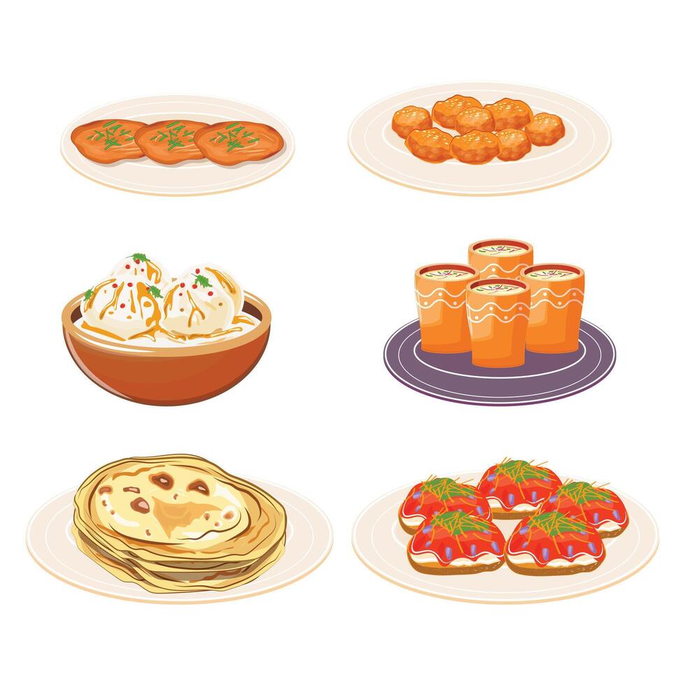 Traditional Indian festive food collection, featuring malpua, sev puri, thandai, and other cultural treats vector