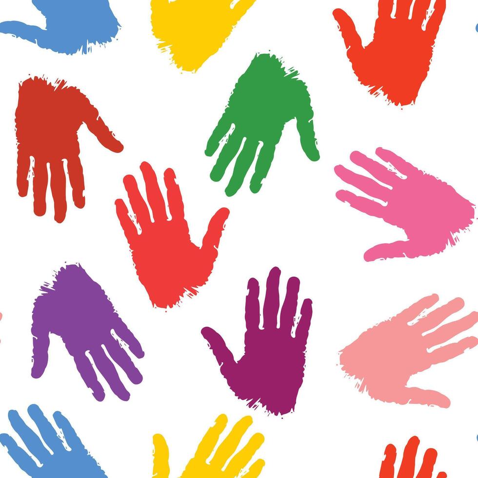 Bright seamless handprint pattern with vibrant colors, ideal for textiles, banners, and cards vector