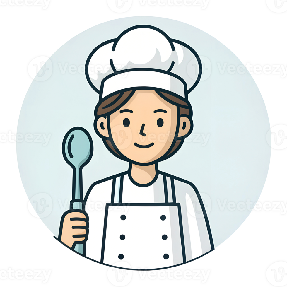 front view of a Chef icon, person in white hat and apron, holding a spoon, isolated on a transparent background png