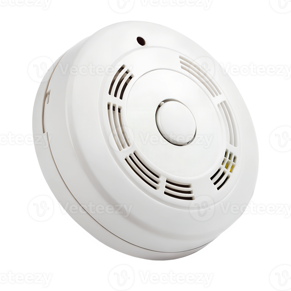 A white smoke detector with a simple circular design and a central button. The detector is shown from a slight angle, isolated on a transparent background png