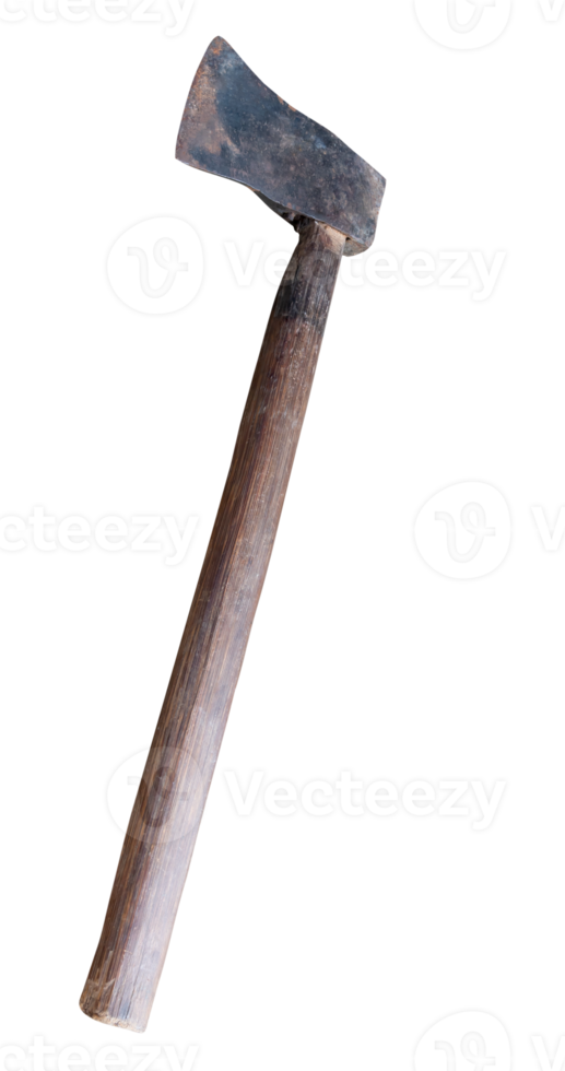 Old rust dirty dark gray axe with brown wooden handle isolated with clipping path in file format png