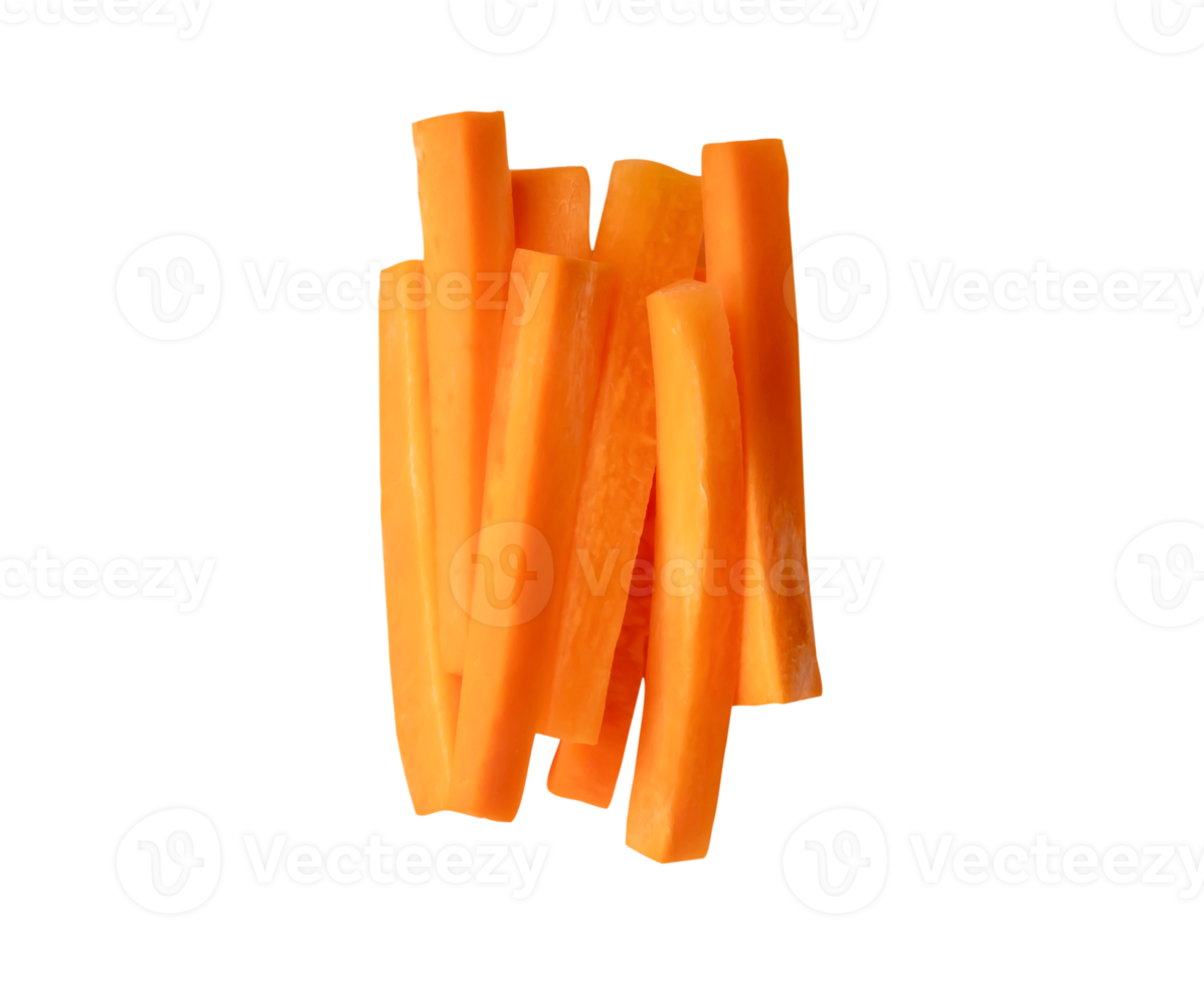 A vertical pile of orange carrot slice or piece in stack shape isolated with clipping path in file format png