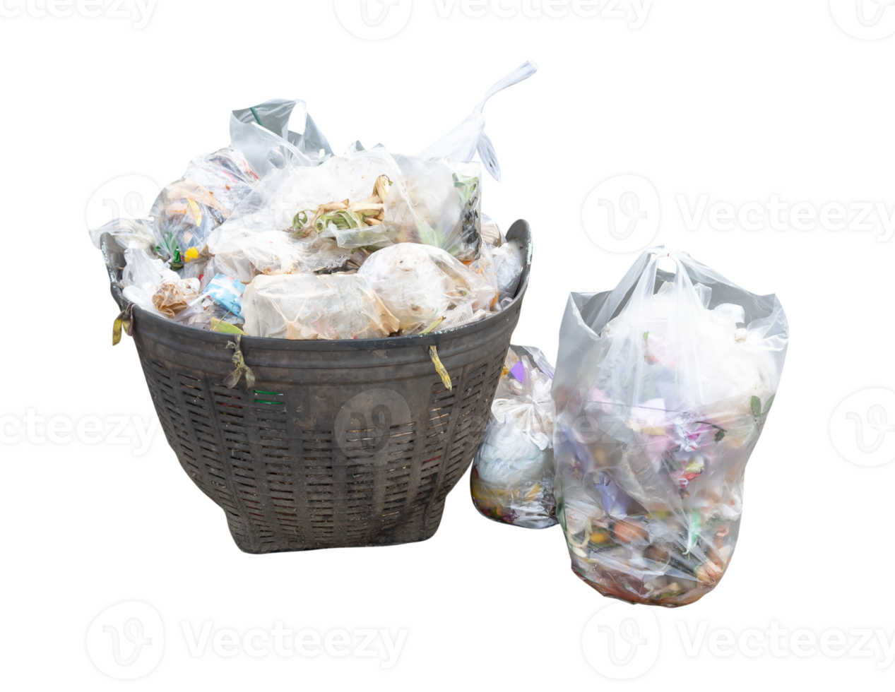 Garbage and offal pile in transparent white plastic bag at garbage dump isolated with clipping path in file format png