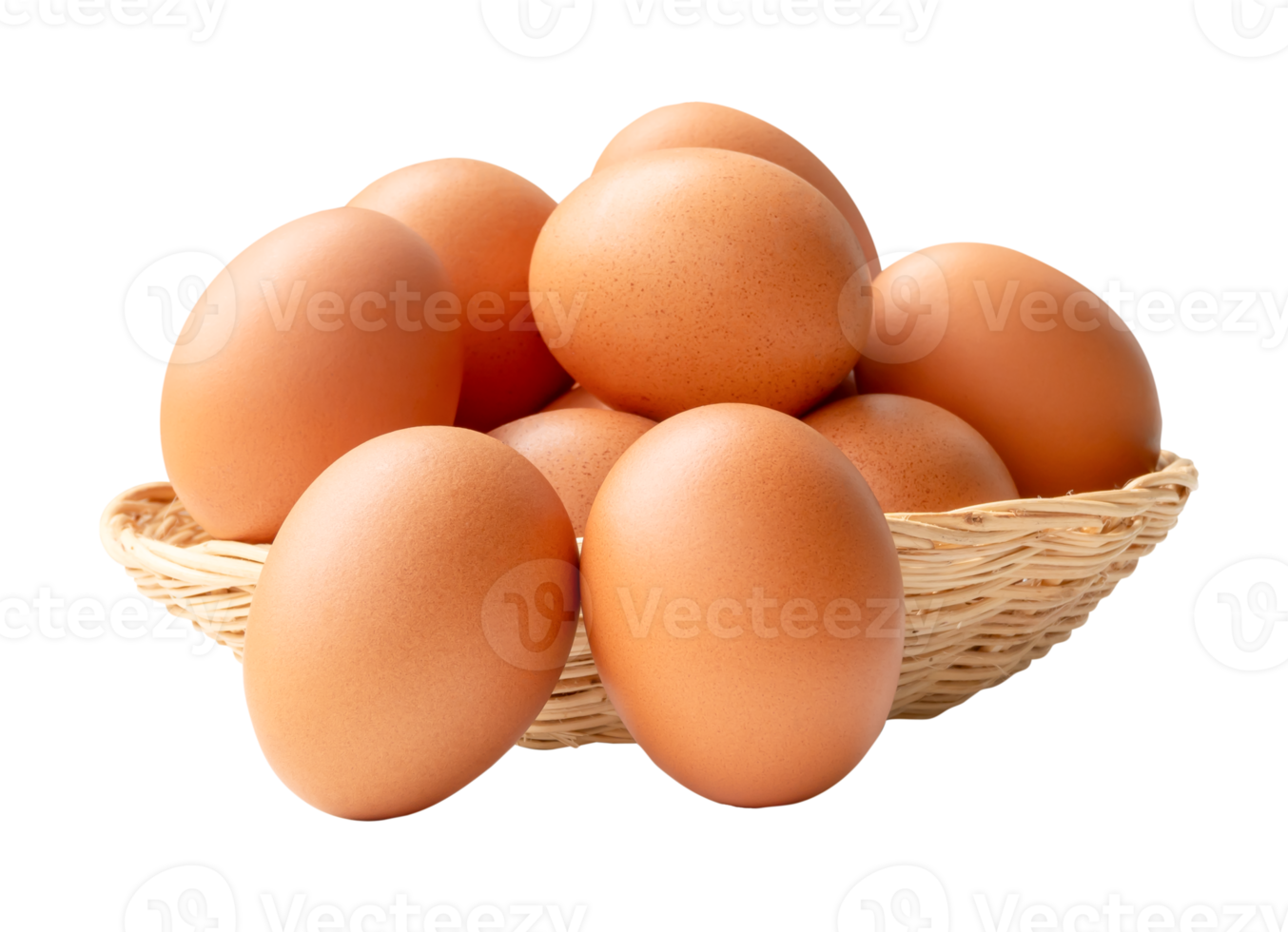 Many fresh brown chicken eggs inside and outside wicker basket isolated with clipping path in file format png