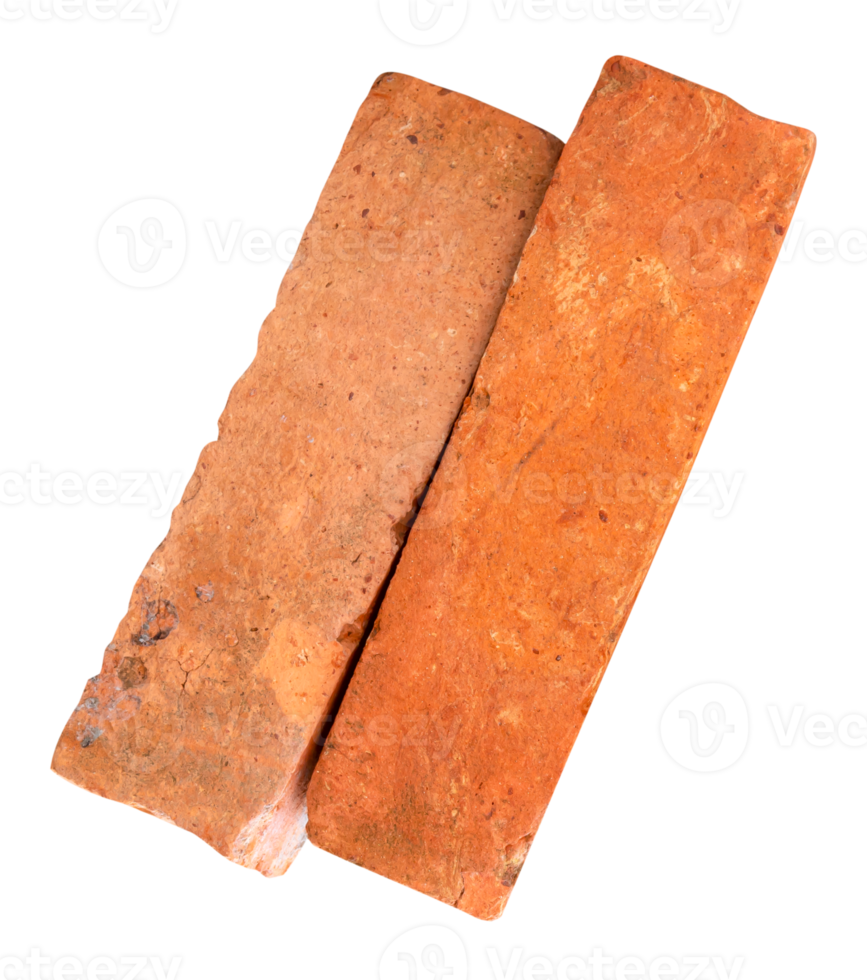Construction materials of two old red or orange bricks in heap isolated with clipping path in file format png
