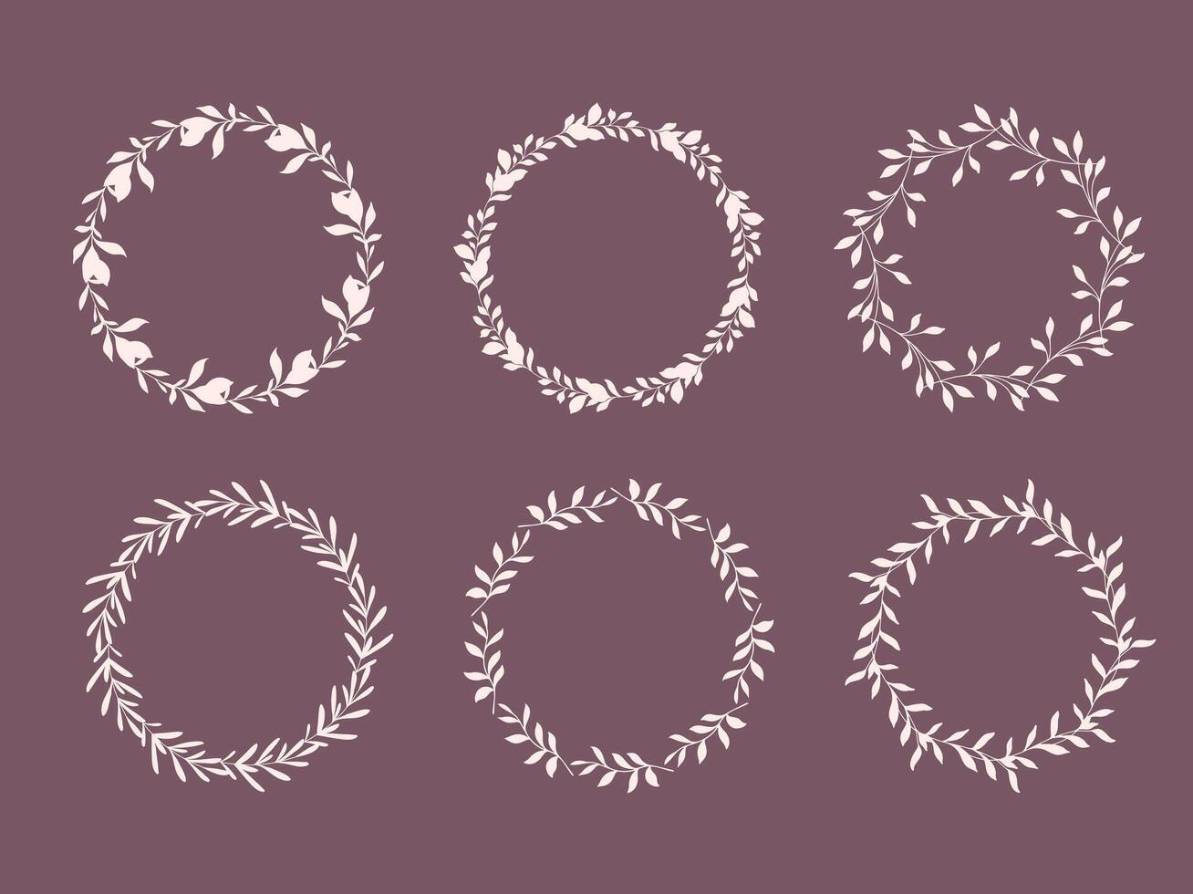Floral Wreaths Set. Round floral frames with leaves and branches silhouette. Hand drawn silhouettes of branches. Botanical Line Art. Hand drawn graphics. Elegant wedding invitations, save the date vector