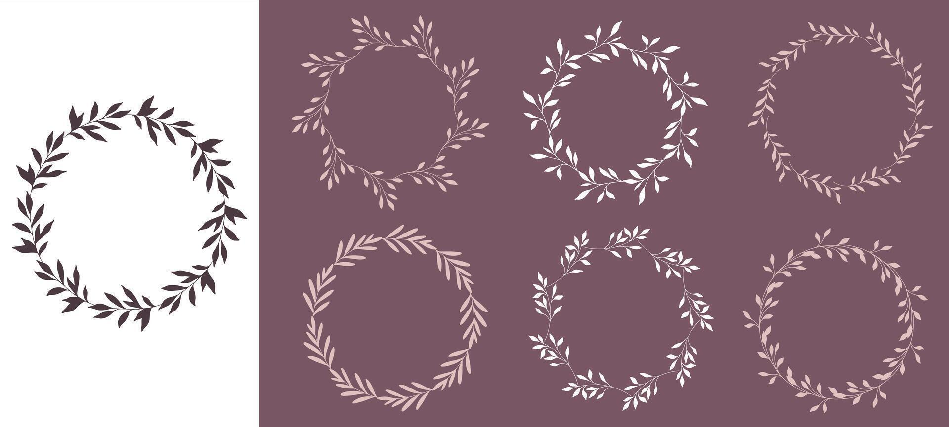 Floral Wreaths Set. Trendy floral frames with leaves and branches silhouette. Hand drawn silhouettes of branches. Botanical Line Art. Hand drawn graphics. Luxury wedding invitations, save the date vector