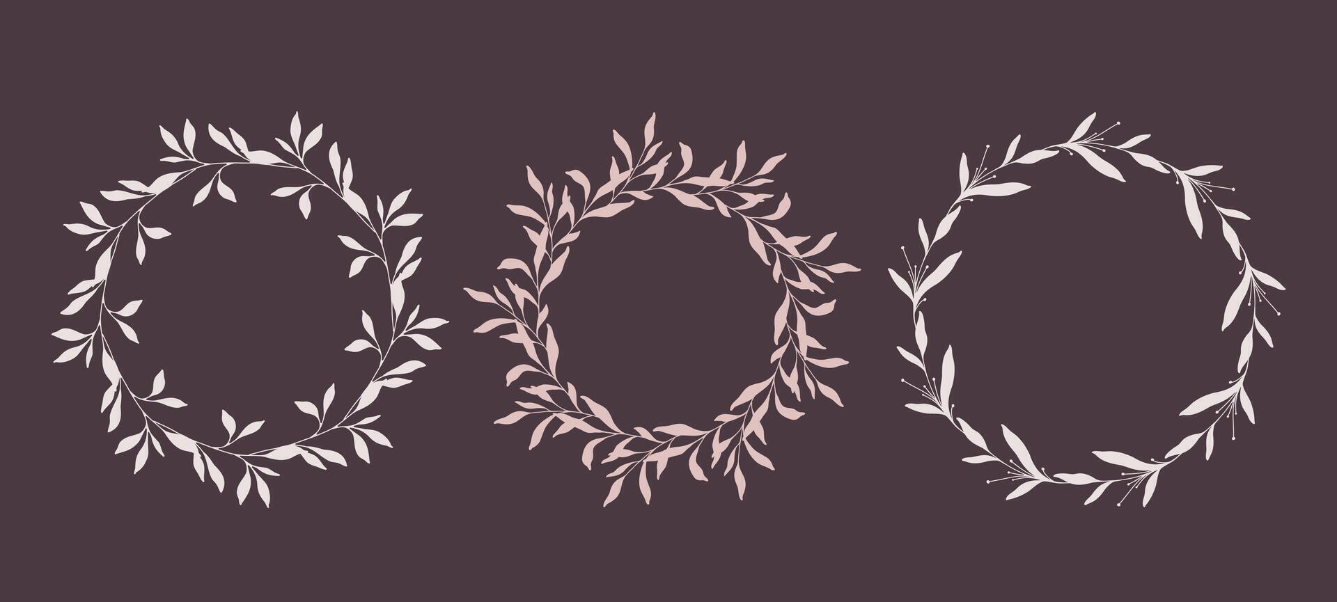 Floral Wreaths Set. Trendy floral frames with leaves and branches silhouette. Hand drawn silhouettes of branches. Greenery Line Art. Hand drawn graphics. Elegant wedding invitations, save the date vector