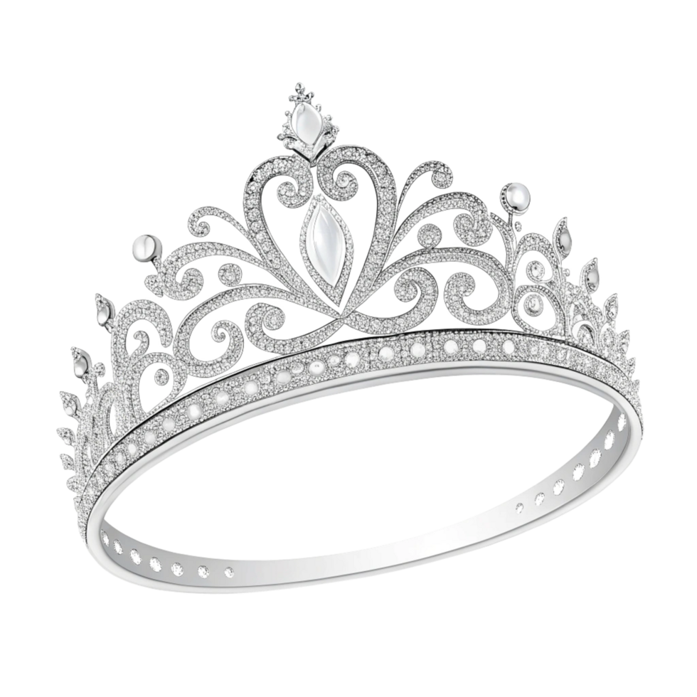 Elegant silver tiara adorned with sparkling crystals on a soft , showcasing a classic royal style isolated on transparent background png