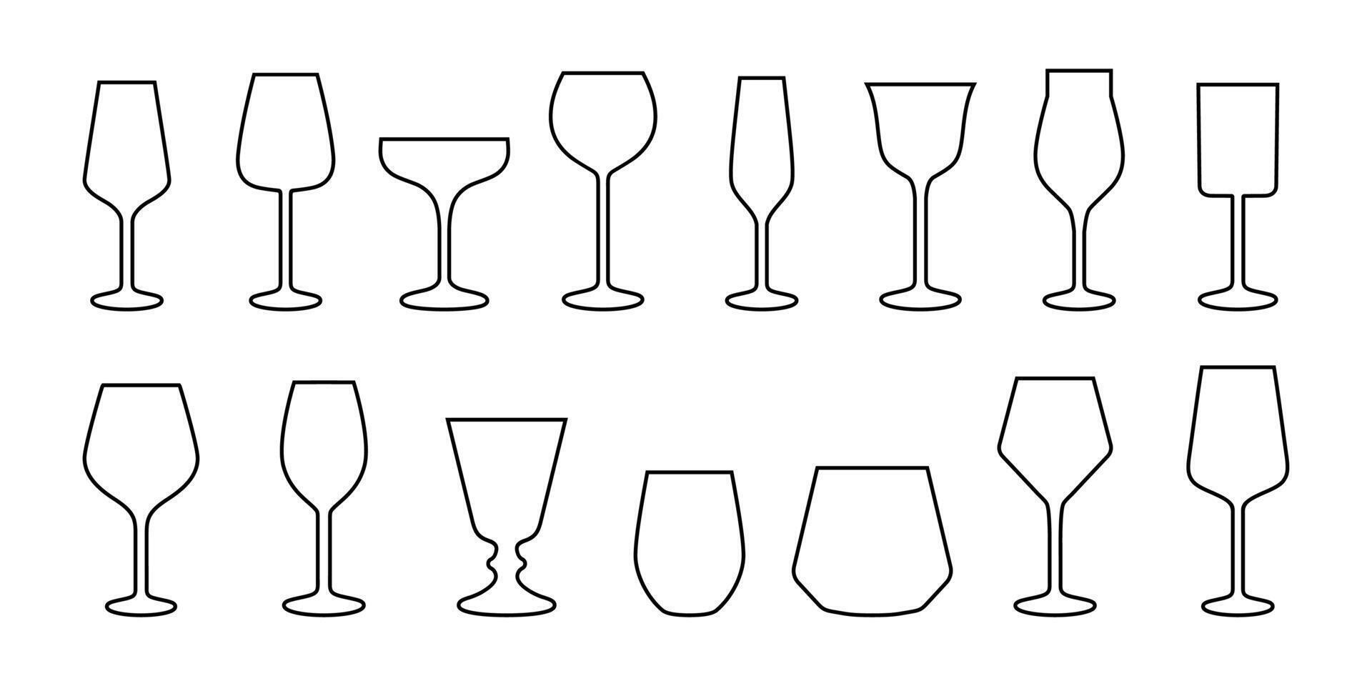 Set of various drink glasses icons. Wineglass icon set. Set of different glasses line icons. vector