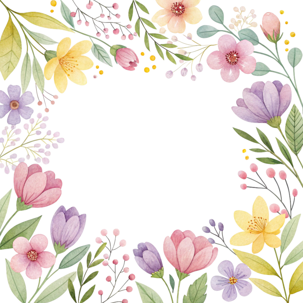 Cute watercolor frame with spring flowers isolated on transparent background png