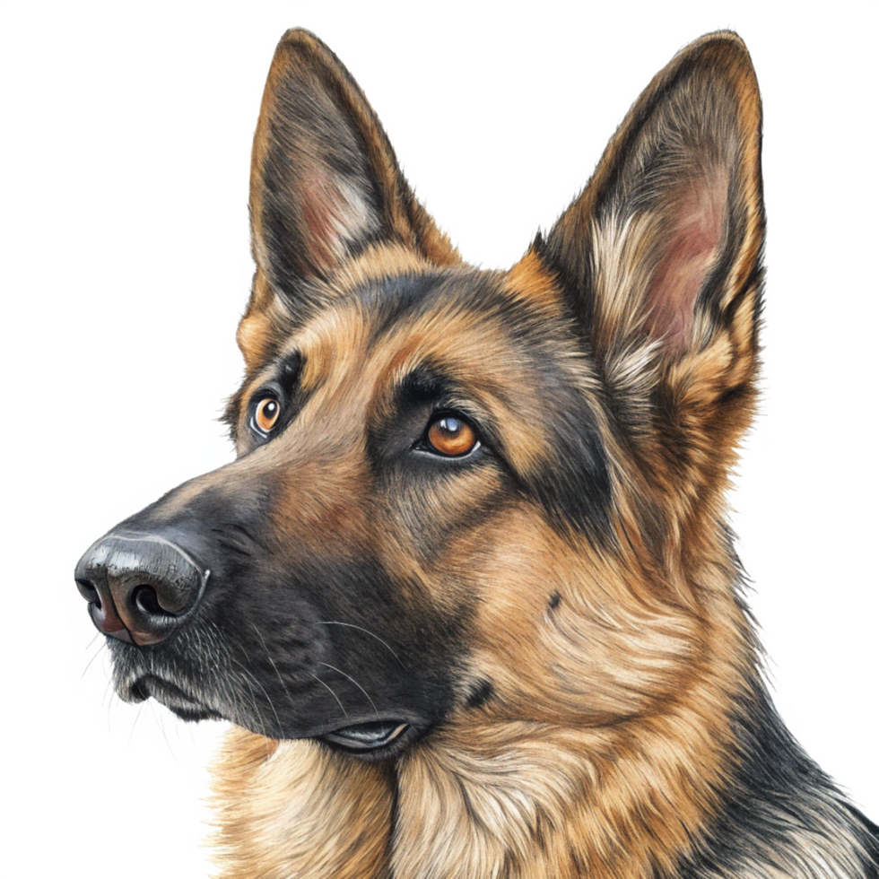 German Shepherd portrait in realistic style, showcasing detailed fur textures and expressive eyes isolated on transparent background png