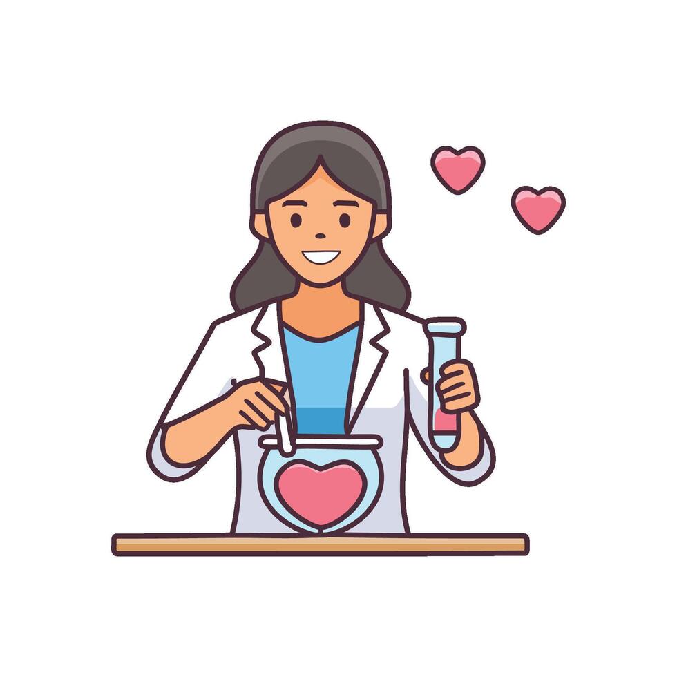 A scientist mixing glowing, heart shaped potions vector