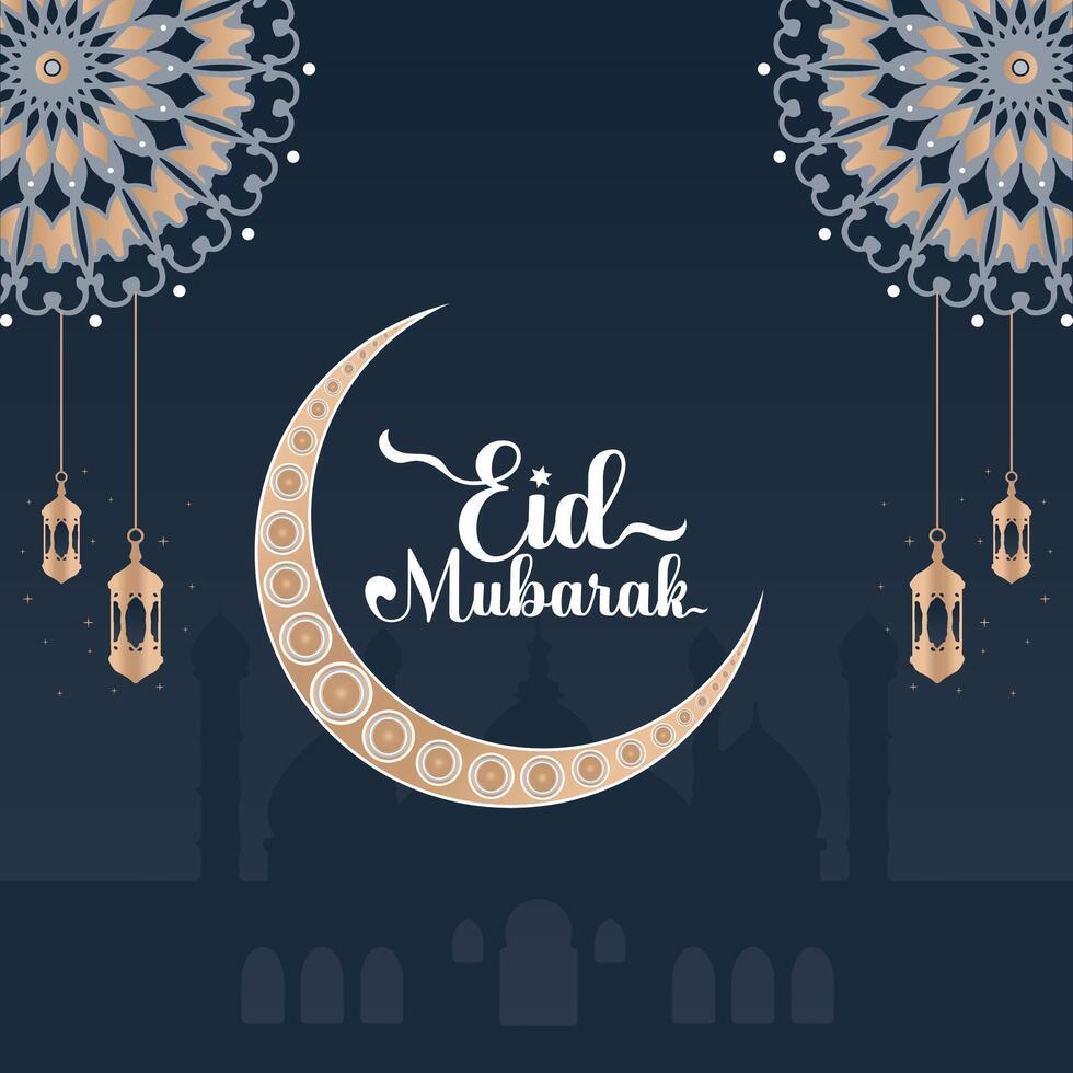 Eid Mubarak premium banner with a flat design on a dark background, featuring a stunning mandala, crescent moon, stars, elegant calligraphy, lantern, mosque, and minaret. vector