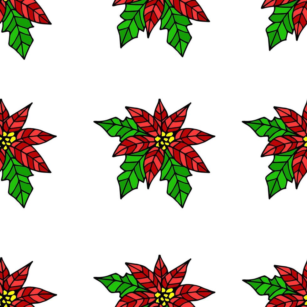Colored festive floral seamless pattern. Bright poinsettia flower on a white background. For printing fabrics, gift wrapping paper, textiles. New Year, Christmas design. vector