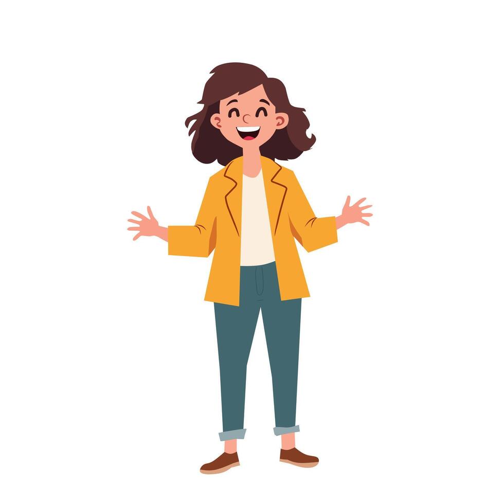 Cartoon illustration of a cheerful young woman with short hair, wearing a yellow jacket, white shirt, and jeans, standing with open arms. Perfect for happiness or lifestyle themes vector