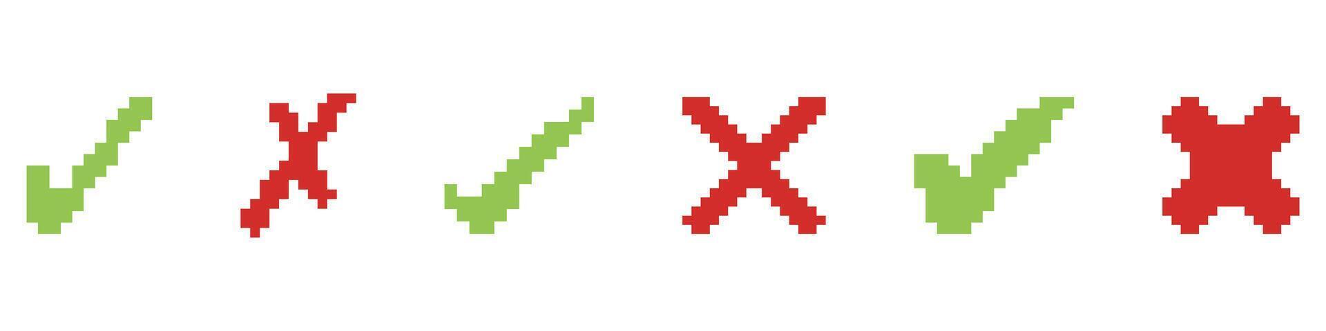 Retro Style Check and Cross Symbols. Green Checkmark and Red Cross Pixel Icon Set. Isolated Illustration vector