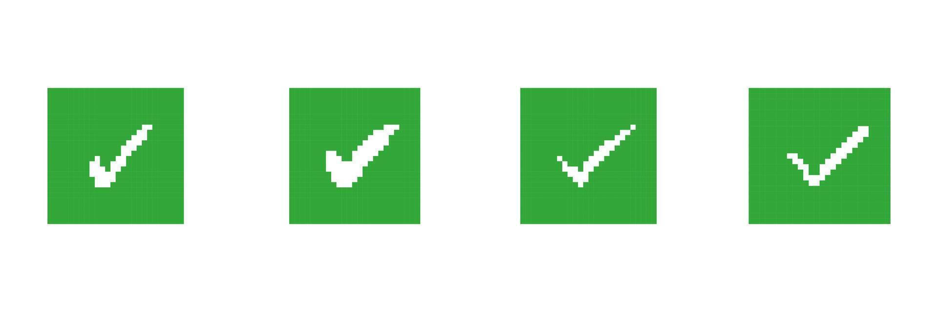 Pixelated Green Check Mark Icons Set in Square Shape. Approval or Success Symbols Collection. Validation and Confirmation Sign. Isolated Illustration vector