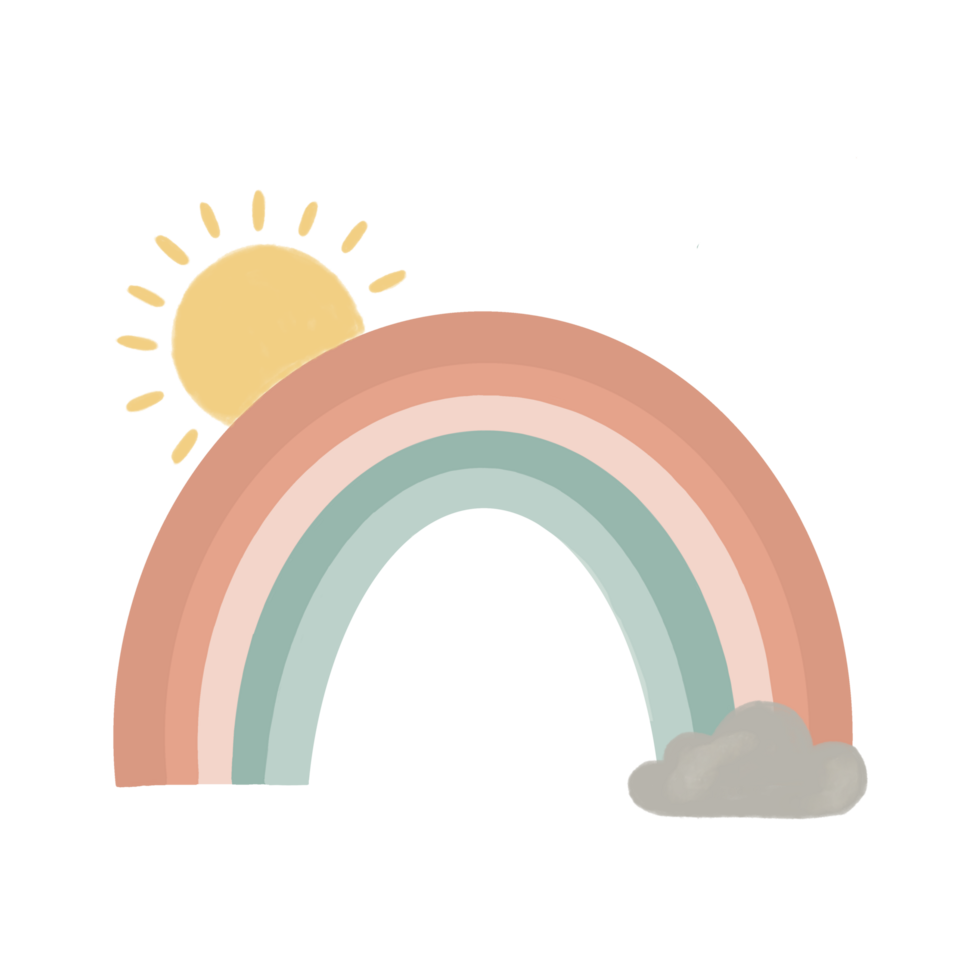 Rainbow with sun and clouds. Hand drawn illustration in cartoon style. kids art ilustration png