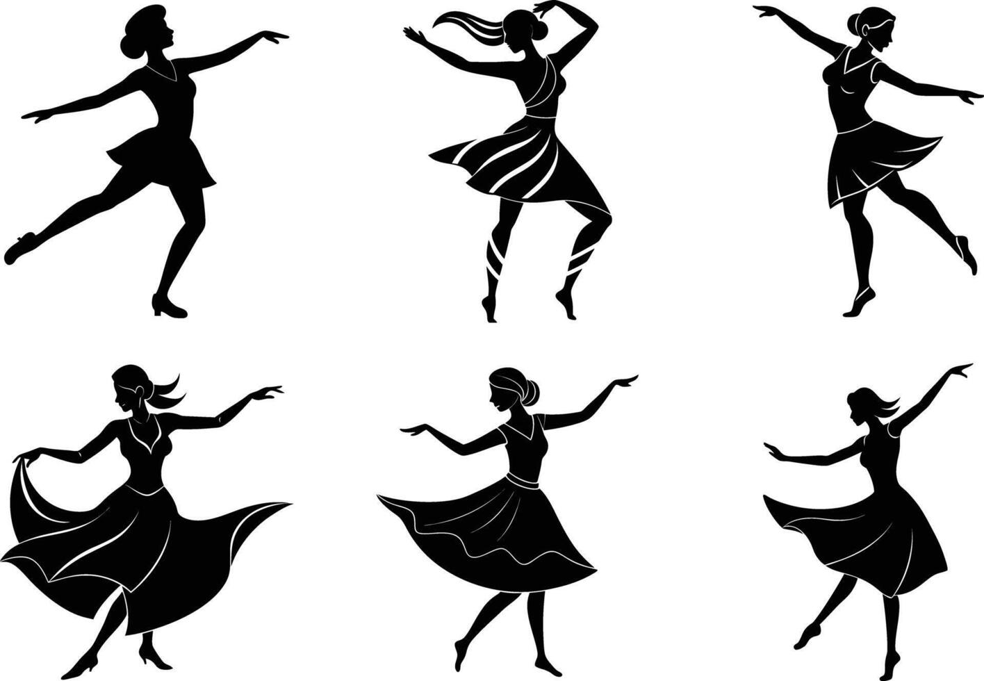 Dynamic silhouette poses of women in fitness dance movements vector