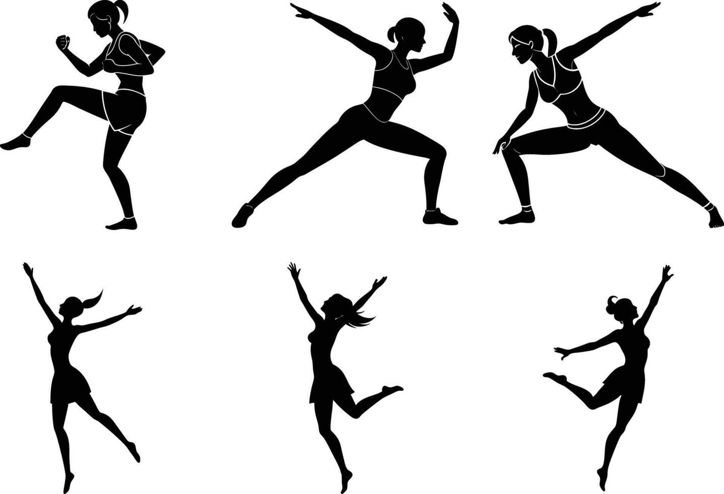 Set of workout class fitness women silhouettes on white vector
