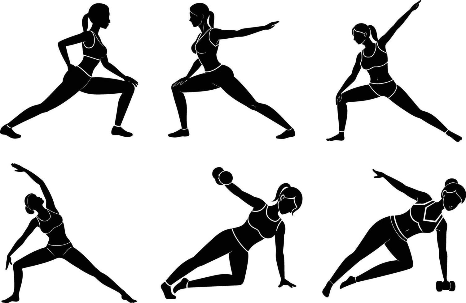 Women workout class poses silhouettes bundle on white background vector