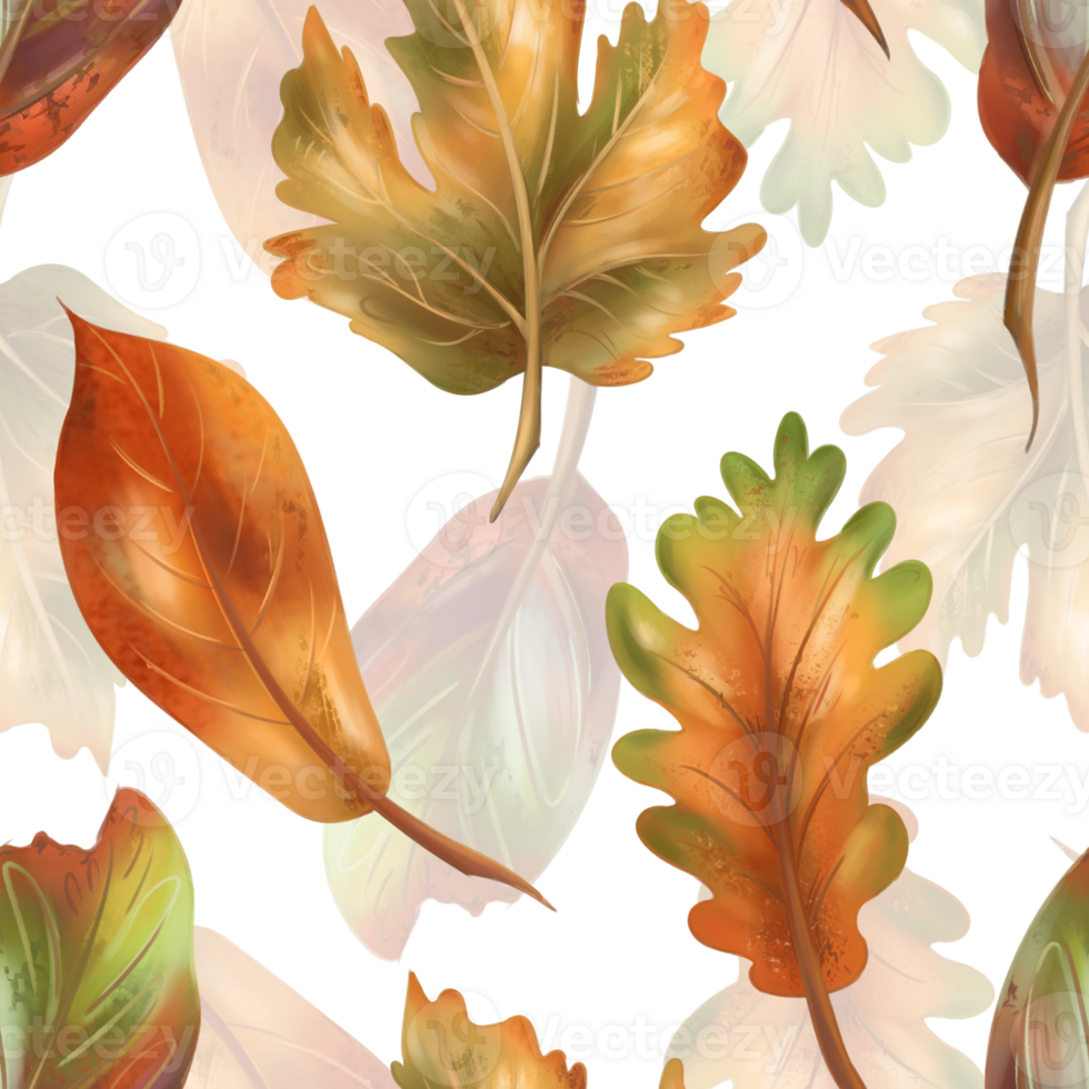 Autumn cozy seamless pattern with maple and oak yellow, red leaves. Natural motifs, forest, plants. Hand drawing background for wrapping paper, textiles background png