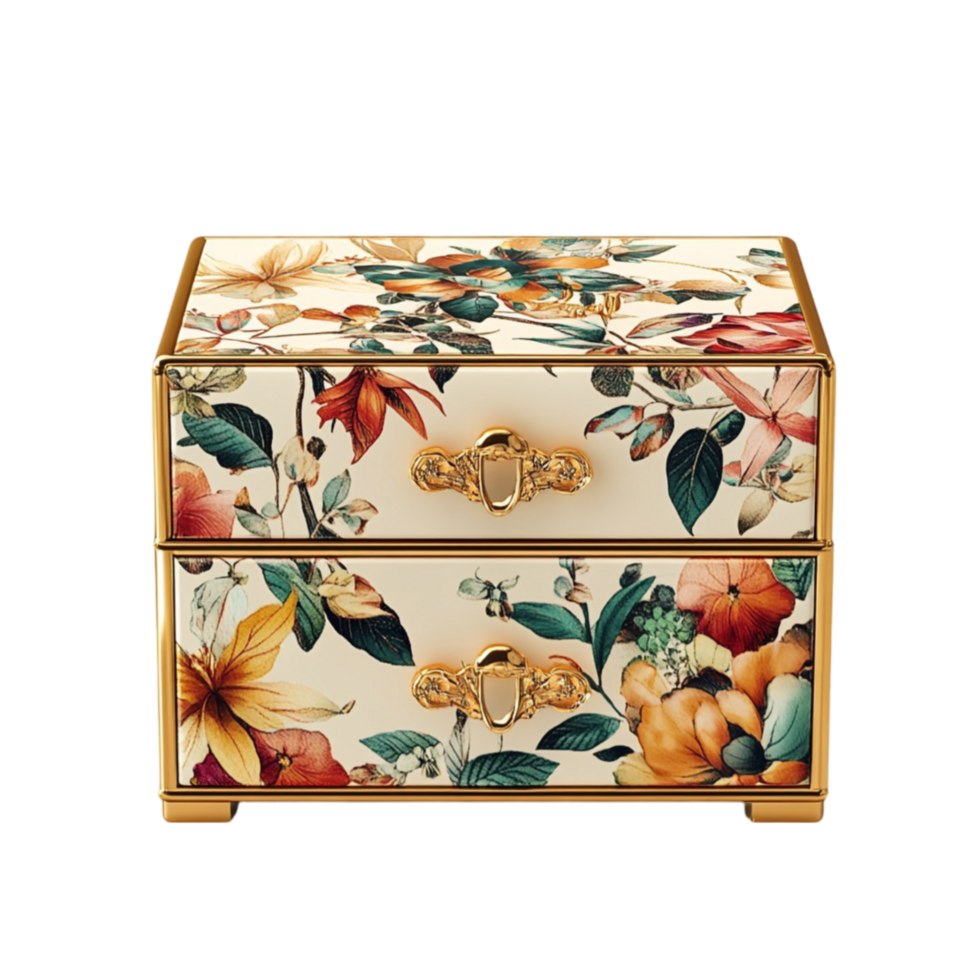 A floral patterned box with gold hardware on Transparent Background png