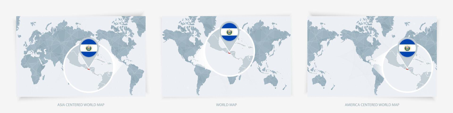 Three versions of the World Map with the enlarged map of El Salvador with flag. vector