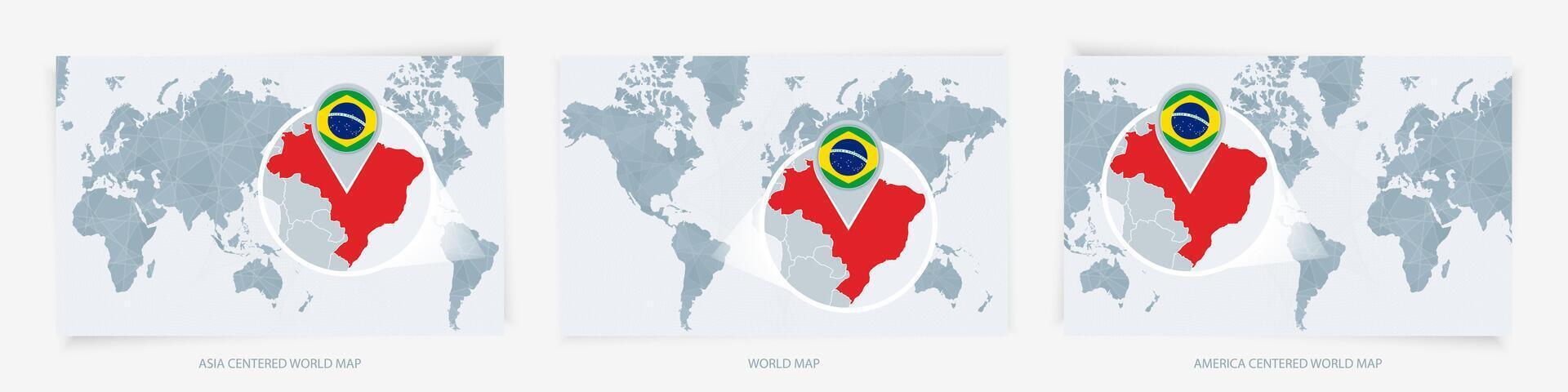 Three versions of the World Map with the enlarged map of Brazil with flag. vector