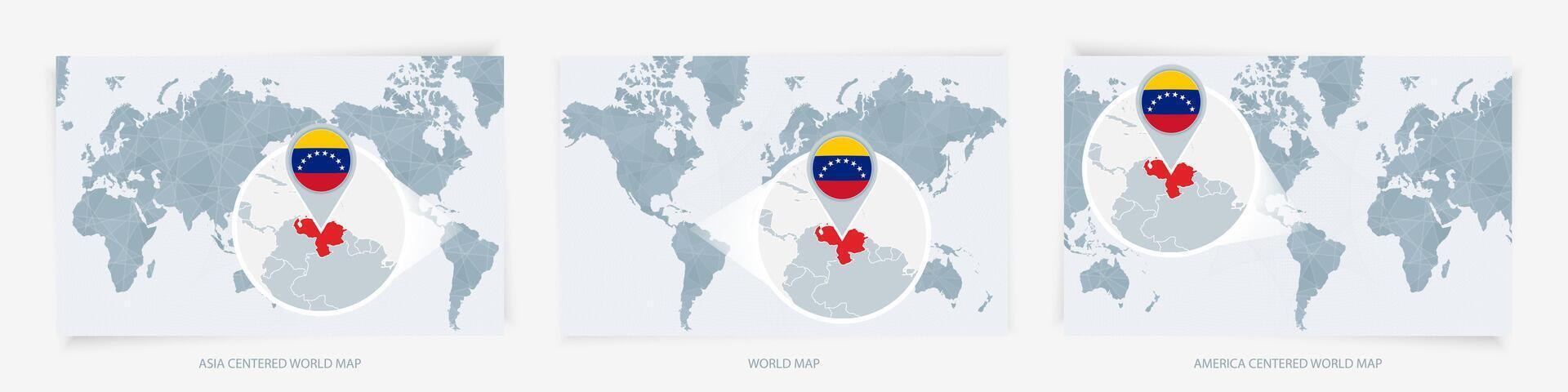 Three versions of the World Map with the enlarged map of Venezuela with flag. vector