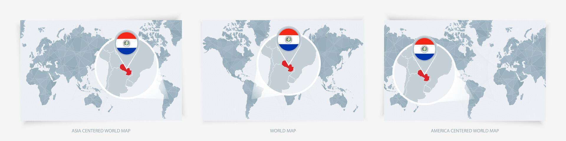 Three versions of the World Map with the enlarged map of Paraguay with flag. vector