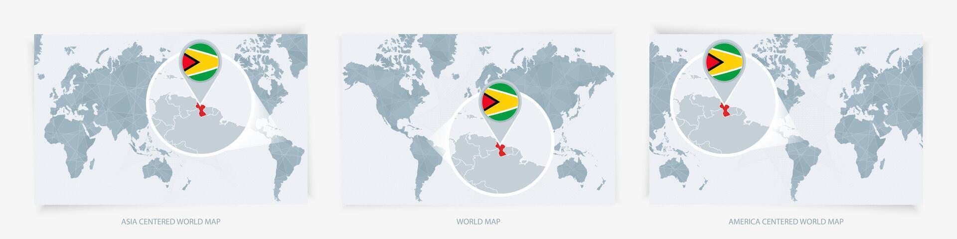Three versions of the World Map with the enlarged map of Guyana with flag. vector