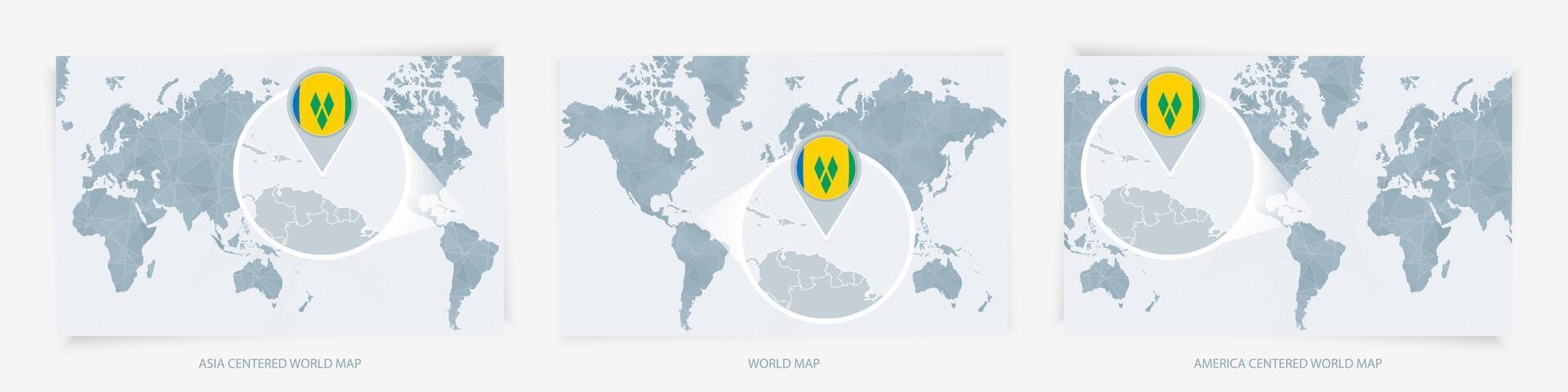 Three versions of the World Map with the enlarged map of Saint Vincent and the Grenadines with flag. vector