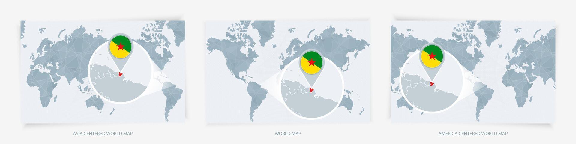 Three versions of the World Map with the enlarged map of French Guiana with flag vector
