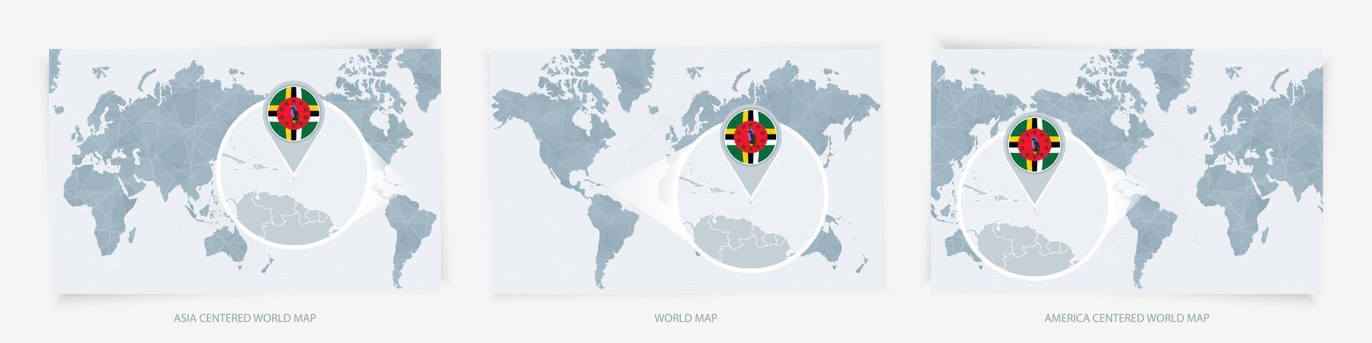 Three versions of the World Map with the enlarged map of Dominica with flag. vector