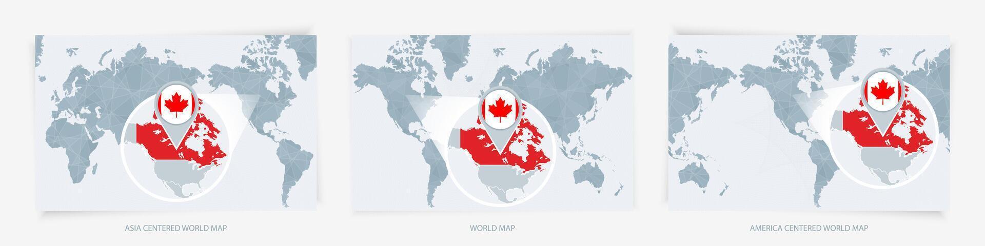 Three versions of the World Map with the enlarged map of Canada with flag. vector