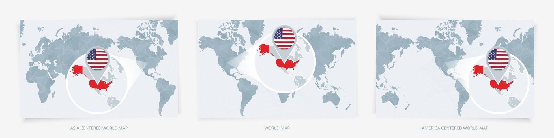 Three versions of the World Map with the enlarged map of USA with flag. vector