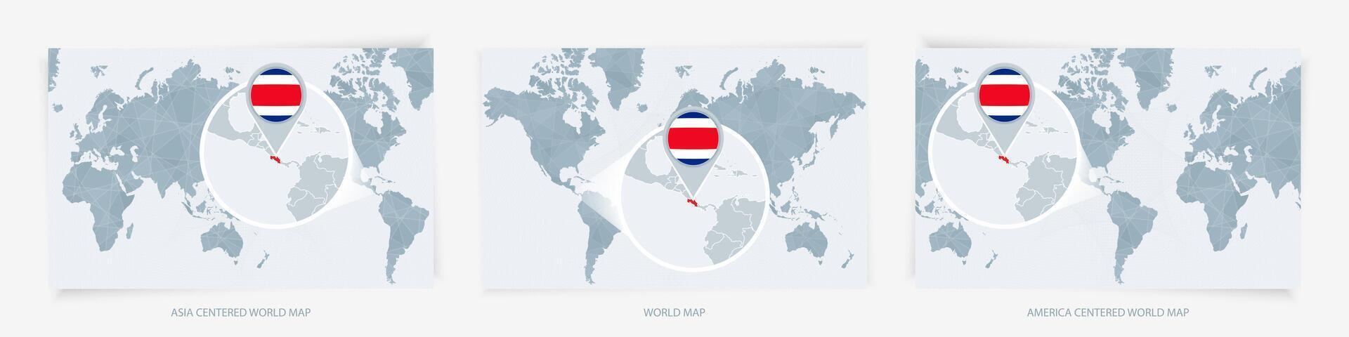 Three versions of the World Map with the enlarged map of Costa Rica with flag. vector