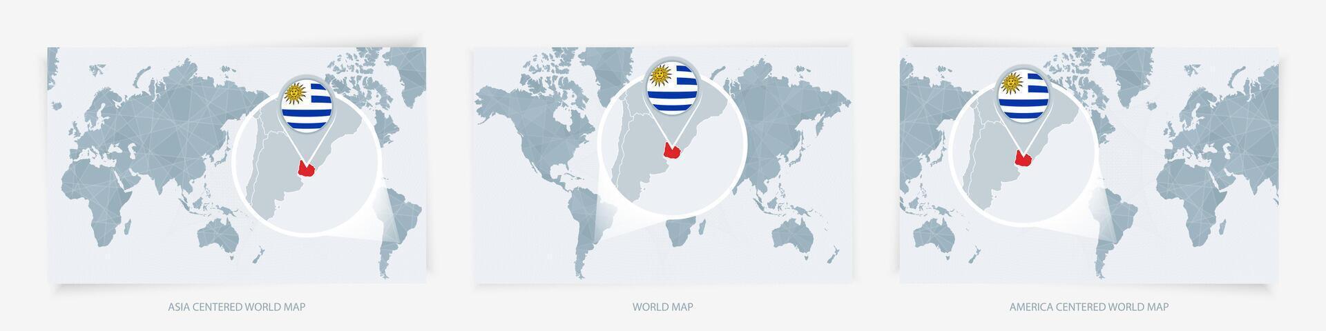 Three versions of the World Map with the enlarged map of Uruguay with flag. vector