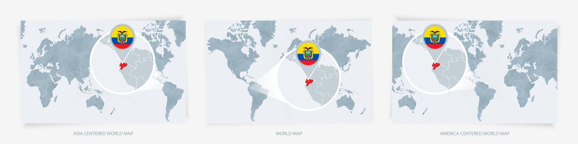 Three versions of the World Map with the enlarged map of Ecuador with flag. vector
