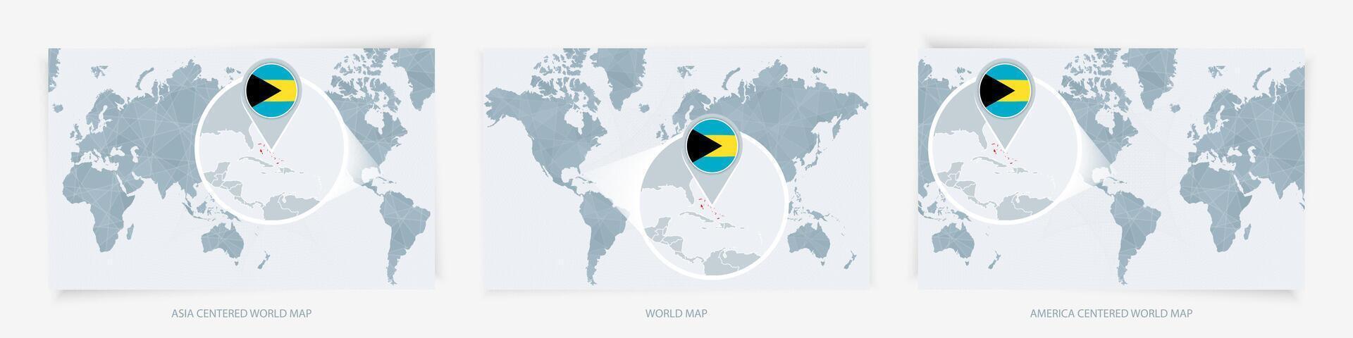 Three versions of the World Map with the enlarged map of The Bahamas with flag. vector