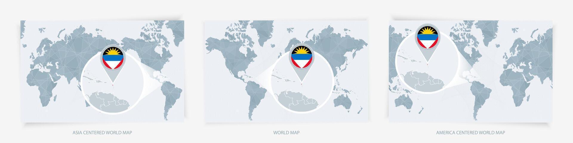 Three versions of the World Map with the enlarged map of Antigua and Barbuda with flag. vector