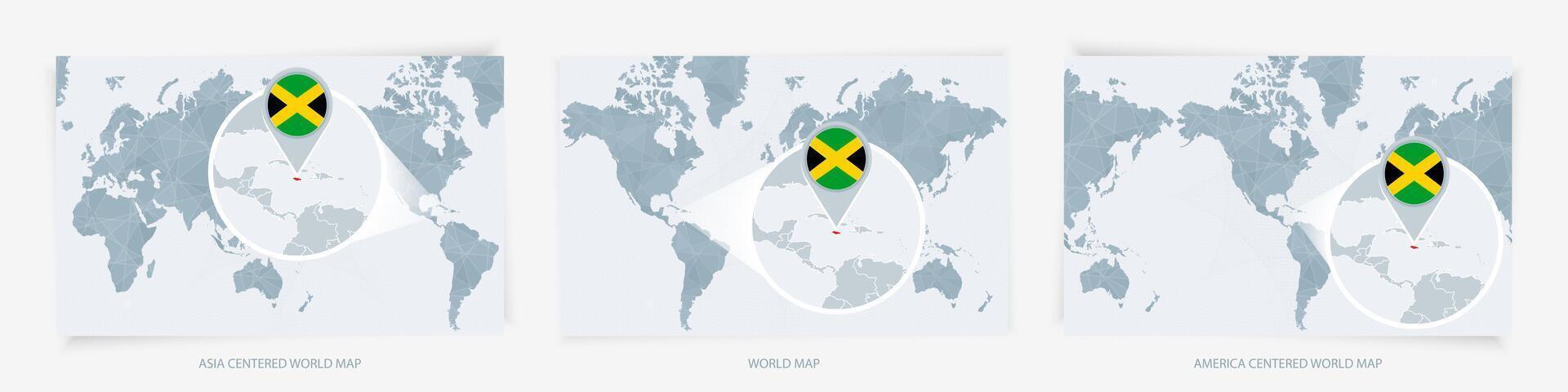 Three versions of the World Map with the enlarged map of Jamaica with flag. vector