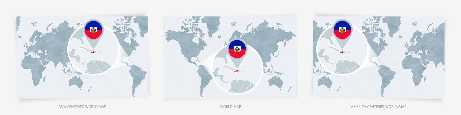 Three versions of the World Map with the enlarged map of Haiti with flag. vector