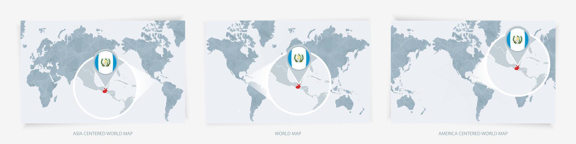 Three versions of the World Map with the enlarged map of Guatemala with flag. vector