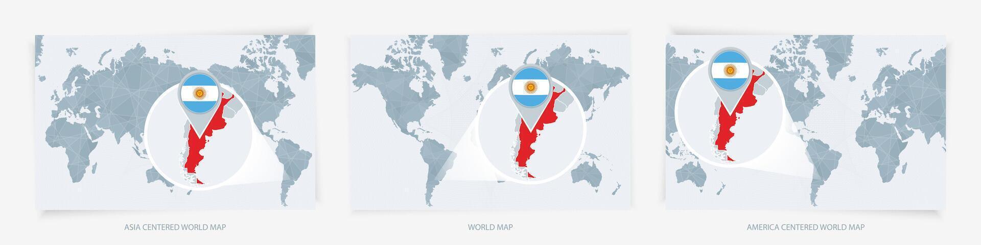 Three versions of the World Map with the enlarged map of Argentina with flag. vector